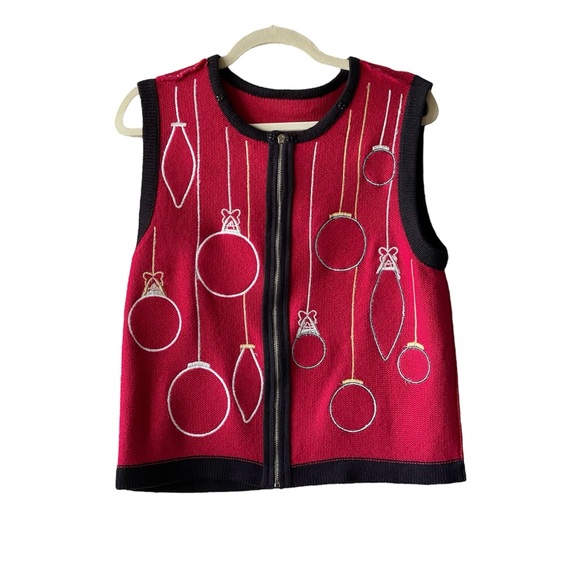 Vintage Festive Red Holiday Christmas Sweater Vest, Animal Print Ornaments, SP - Picture 6 of 9